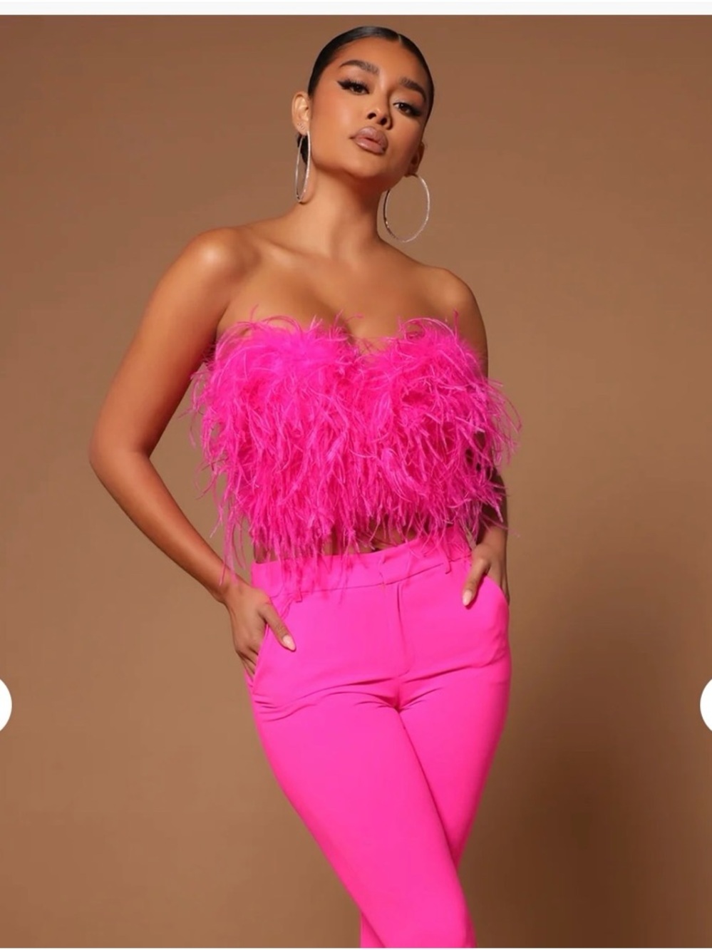 Fashion Nova Feather Trim Strapless Crop Top in Hot Pink